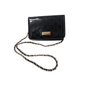 Bebe Crossbody Purse Evening Black Fx Patent Leather Alana Embossed Weaved Chain